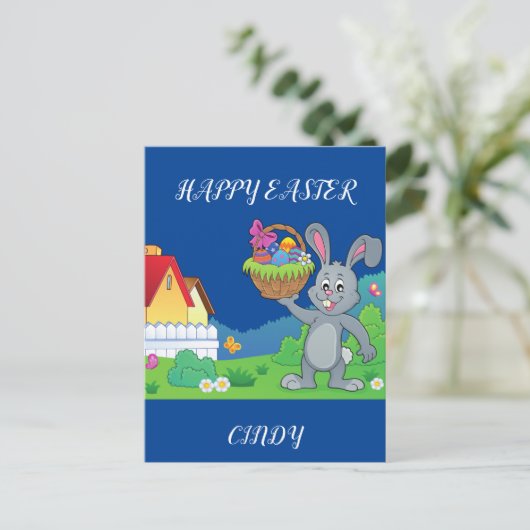 Osterkaninchen, personalisierte Postkarte im Korb. (Stehend Vorderseite)