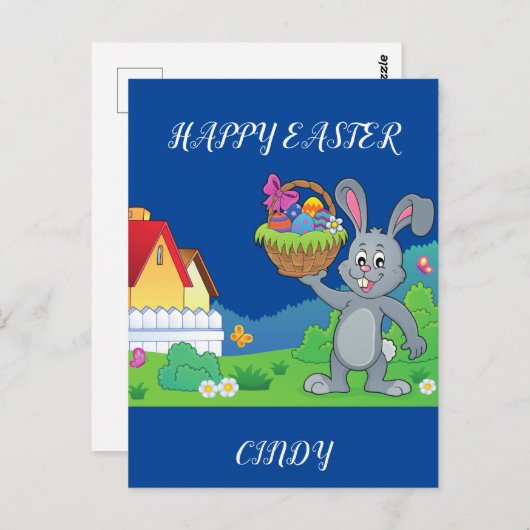 Osterkaninchen, personalisierte Postkarte im Korb. (Vorne/Hinten)