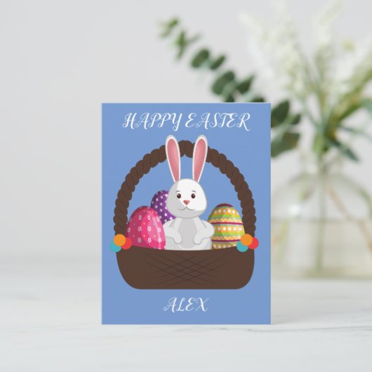 Osterkaninchen, personalisierte Postkarte im Korb. (Stehend Vorderseite)