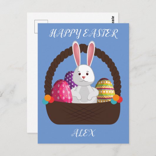 Osterkaninchen, personalisierte Postkarte im Korb. (Vorne/Hinten)