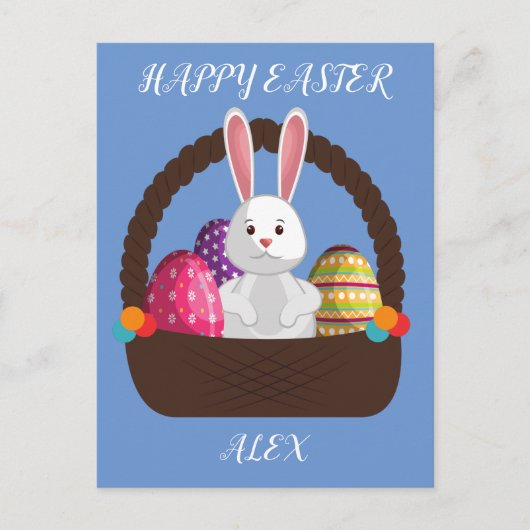 Osterkaninchen, personalisierte Postkarte im Korb. (Vorderseite)