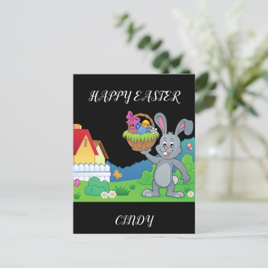 Osterkaninchen, personalisierte Postkarte im Korb. (Stehend Vorderseite)