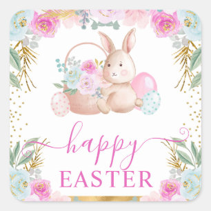 Osterkaninchen und Blume Quadratischer Aufkleber