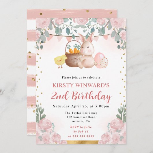 Osterkaninchen und Blume zum Geburtstag Einladung (Vorne/Hinten)