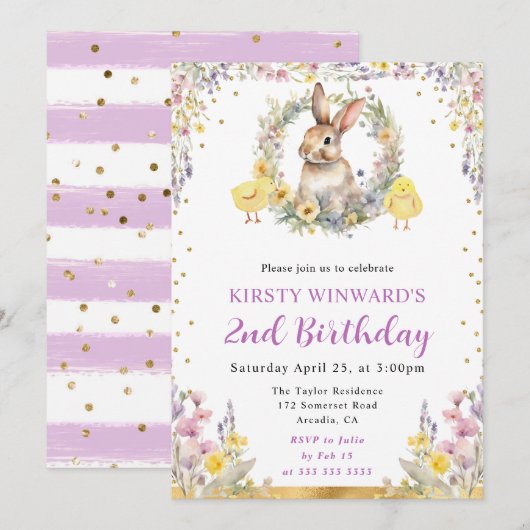 Osterkaninchen und Blume zum Geburtstag Einladung (Vorne/Hinten)