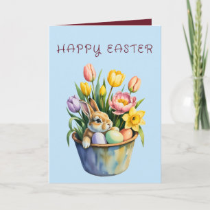 Osterkarte mit Aquarell-Hasen-Tulpen-Korb Feiertagskarte