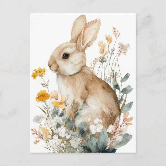 Osterkarte mit Blumen und Osterhase Postkarte (Vorderseite)