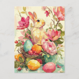 Osterkarte mit Blumen und Osterhase Postkarte