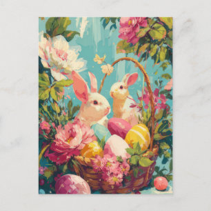 Osterkarte mit Blumen und Osterhase Postkarte