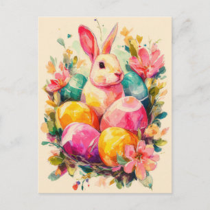 Osterkarte mit Blumen und Osterhase Postkarte