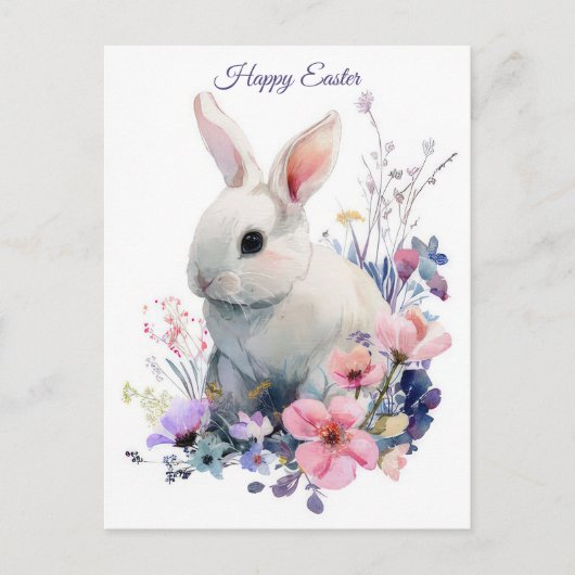 Osterkarte mit Blumen und Osterhase Postkarte (Vorderseite)