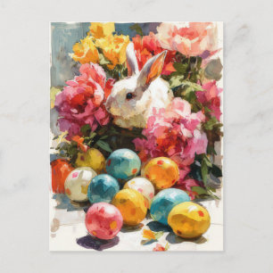 Osterkarte mit Blumen und Osterhase Postkarte