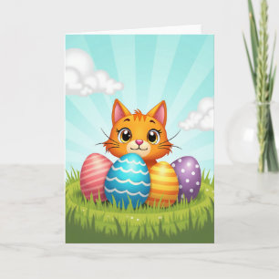 Osterkarte mit Ingwerkatze und Ostereiern Karte