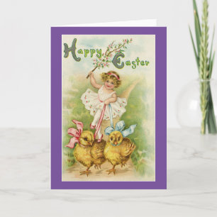 Osterkarte mit Mädchen und Küken Feiertagskarte