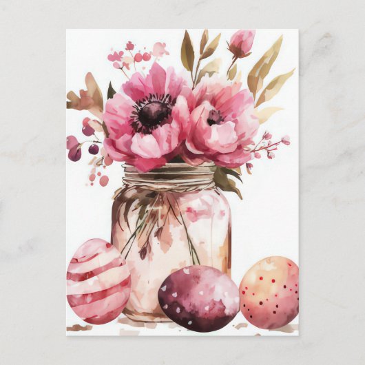 Osterkarte mit Ostereiern und Blumen Postkarte (Vorderseite)