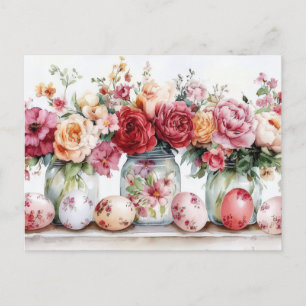 Osterkarte mit Ostereiern und Blumen Postkarte
