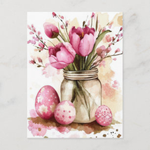 Osterkarte mit Ostereiern und Blumen Postkarte