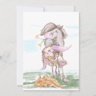 Osterkarte mit süssem Hasen und Pferd Feiertagskarte