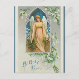 Osterkarte mit Vintage-Engel und weißen Blumen Postkarte