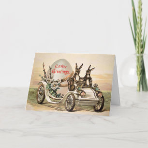 Osterkarte mit Vintage-Hasen beim Autofahren Feiertagskarte