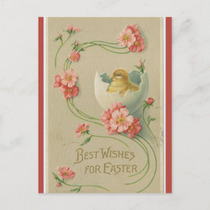 Osterkarte mit Vintage-Küken im Ei mit rosa Blumen Postkarte