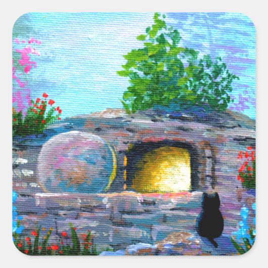 Osterkatze Christlich Art Leere Grabmal Quadratischer Aufkleber (Vorderseite)