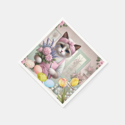 Osterkatze mit Eiern Serviette (Ecke)