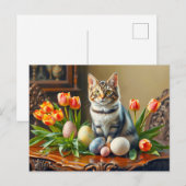 Osterkatze mit Eiern und Tulpen Postkarte (Vorne/Hinten)
