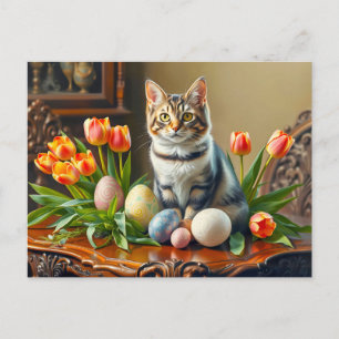 Osterkatze mit Eiern und Tulpen Postkarte