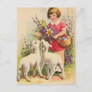 Osterkind und Lämmer im Vintage-Stil Postkarte