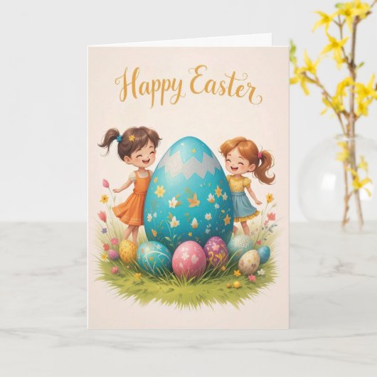 Osterkinder und buntes Ei Gruß Karte (Gelbe Blume)