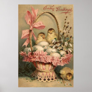 Osterkorb-Ei-Küken-Rosa-Schleife-Vergissmeinnicht Poster