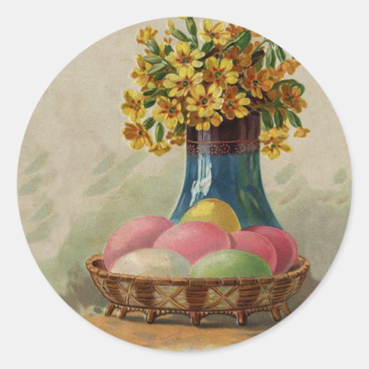 Osterkorb Eier Blumen Antik Runder Aufkleber (Vorderseite)
