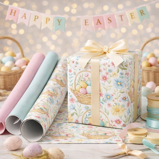 Osterkorb & Frühlingsblumenmuster Geschenkpapier