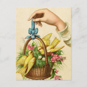 Osterkorb im Vintage-Stil gelbe Vögel und Handarbe Postkarte