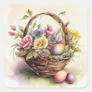 Osterkorb im Vintage-Stil mit lila-gelben Blumen Quadratischer Aufkleber