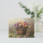 Osterkorb mit Tulpen und Eiern Postkarte (Stehend Vorderseite)
