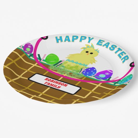 Osterkörbchen Gelb Streifen Kicheneier Pappteller (Schrägansicht)