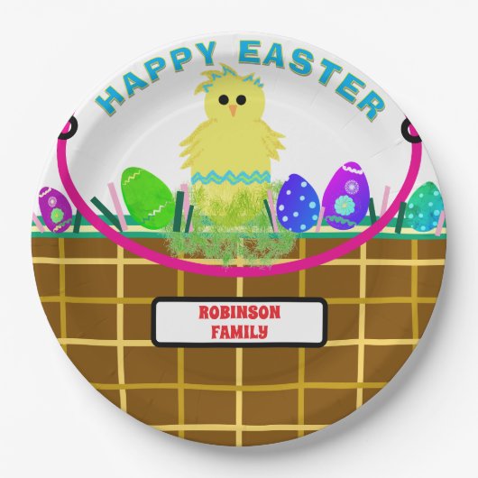 Osterkörbchen Gelb Streifen Kicheneier Pappteller (Vorderseite)