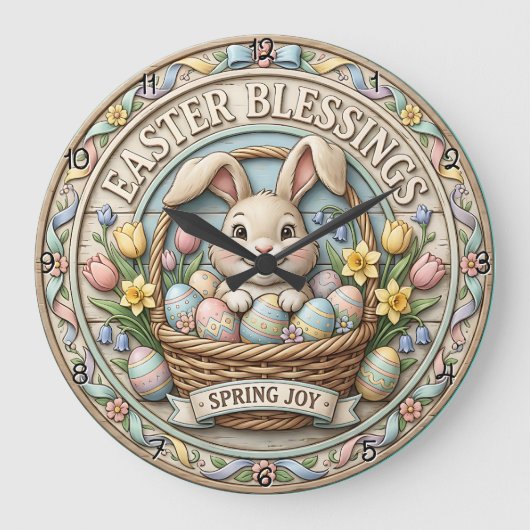 Osterkörbchen mit Ostergrüßen und Frühlingsfreude Große Wanduhr (Vorderseite)