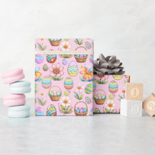 Osterkörbe und Eiermuster - weichrosa Geschenkpapier