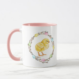 Osterkränze aus Weide mit Küken und Pastell-Eiern Tasse
