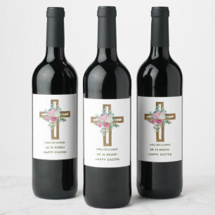 Osterkreuz aus Holz mit rosa Blumen Er ist auferst Weinetikett