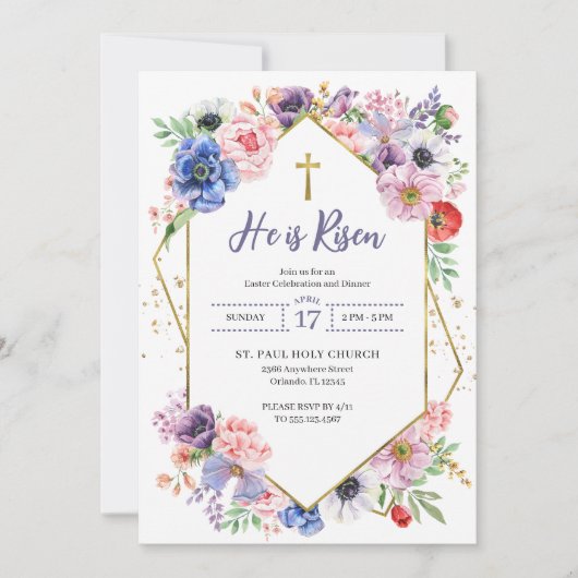 Osterkreuz Er ist Risen Frühlingsblumen Einladung (Vorderseite)