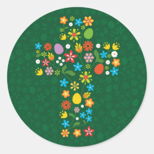 Osterkreuz mit Eiern und Blume Runder Aufkleber