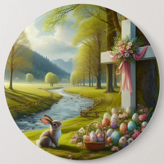 Osterkreuz mit Hasen und Eiern Button (Vorderseite)