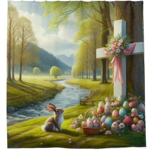 Osterkreuz mit Hasen und Eiern Duschvorhang (Vorderseite)