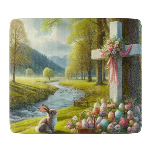 Osterkreuz mit Hasen und Eiern Schneidebrett (Vorderseite)