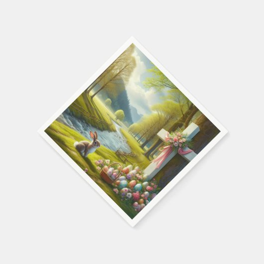 Osterkreuz mit Hasen und Eiern Serviette (Ecke)