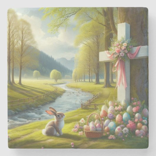 Osterkreuz mit Hasen und Eiern Steinuntersetzer (Vorderseite)